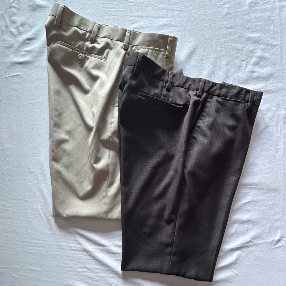 Mens Dress Pants Bundle 38x34 Khaki & Charcoal Flat Front Work Slacks